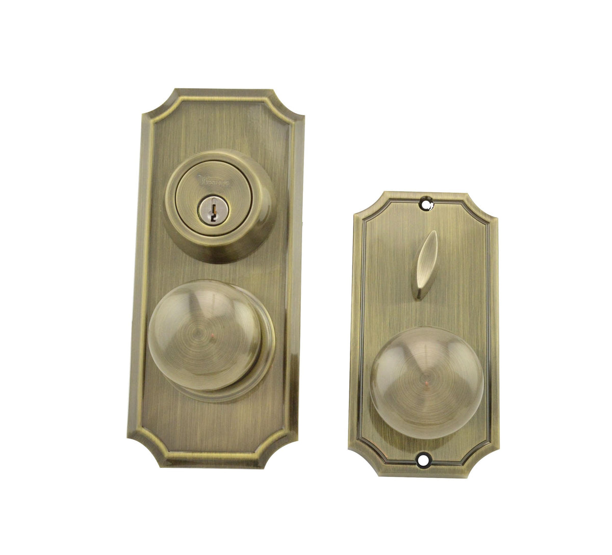 Weslock 01501IAIASL2D Unigard Premiere Interconnected Entry with Impresa Knob with 2-3/8" Latch and Round Corner Strikes Antique Brass Finish.
