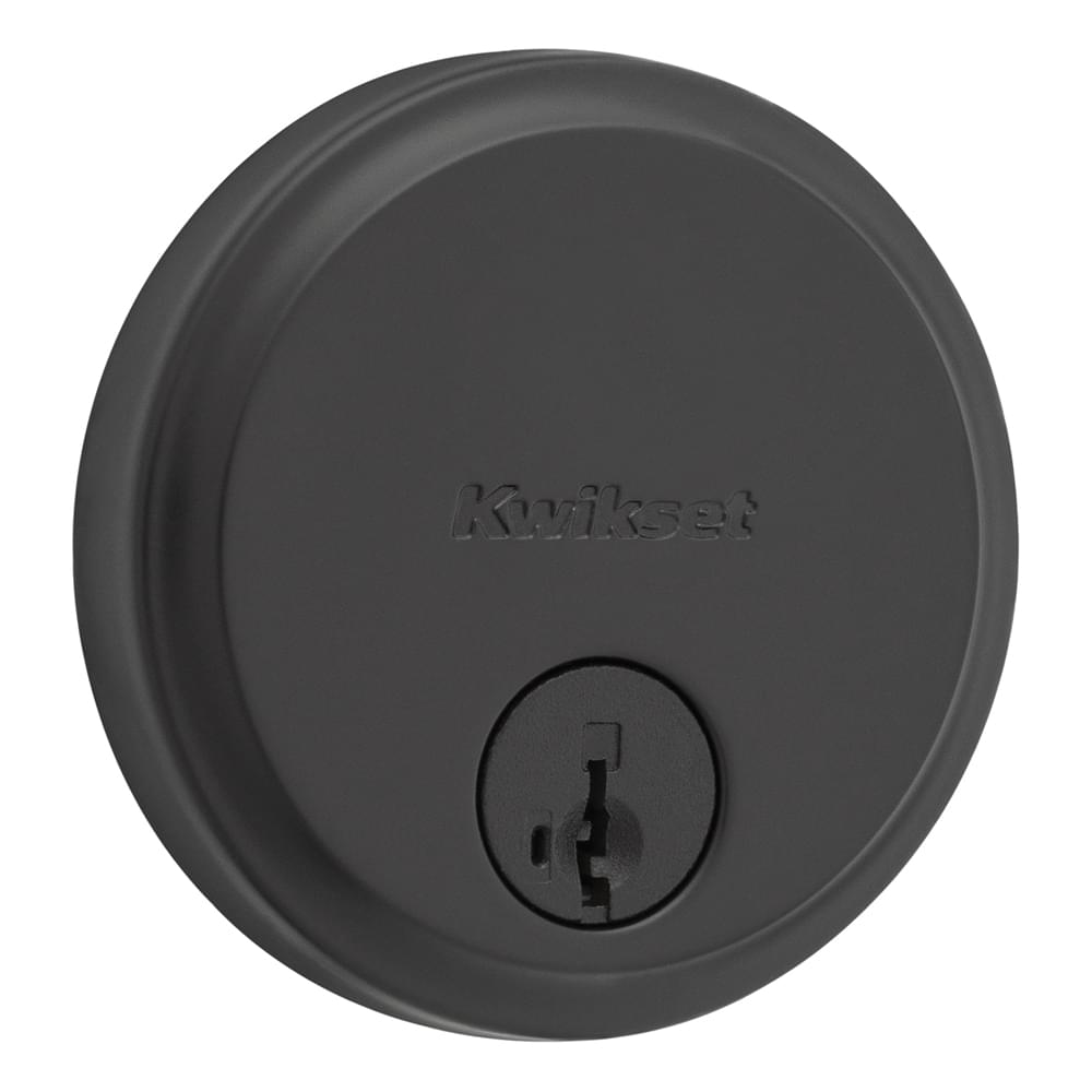 Kwikset 258-514S.STRKP Hometown Low Profile Single Cylinder SmartKey Deadbolt with 6AL Latch and STRKP Strike Pack which includes Square Corner, Round Corner and 5303 Round Corner Full Lip Strikes KA3 Matte Black Finish.