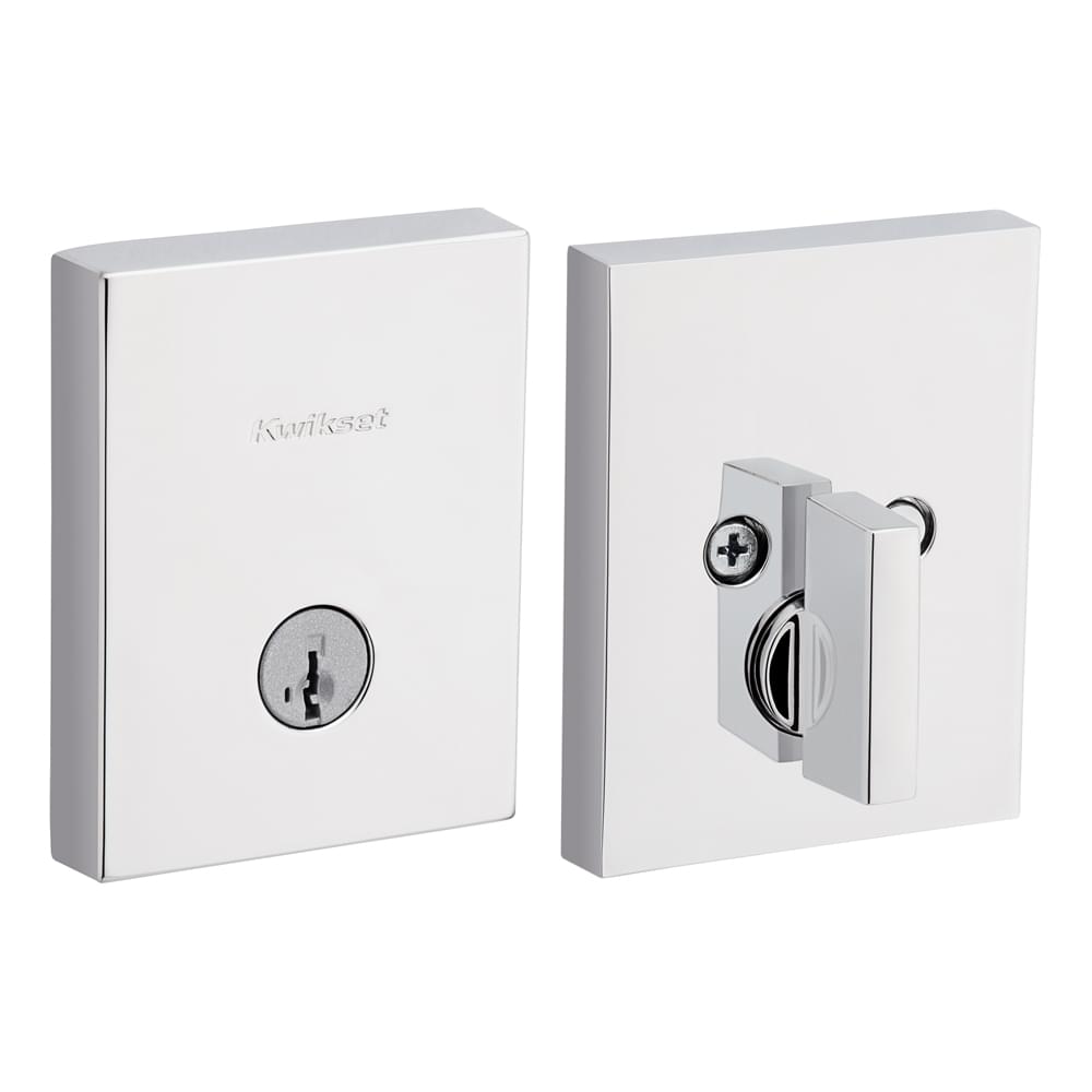 Kwikset 258RCT-26S.STRKP Rectangular Contemporary Low Profile Single Cylinder SmartKey Deadbolt with 6AL Latch and STRKP Strike Pack which includes Square Corner, Round Corner and 5303 Round Corner Full Lip Strikes KA3 Bright Chrome Finish.