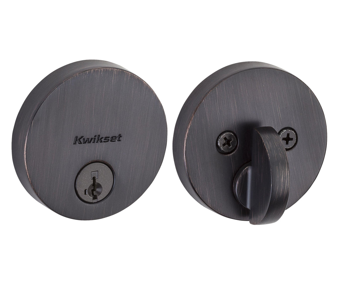 Kwikset 258RDT-11PS.STRKP Uptown Round Contemporary Low Profile Single Cylinder SmartKey Deadbolt with 6AL Latch and STRKP Strike Pack which includes Square Corner, Round Corner and 5303 Round Corner Full Lip Strikes KA3 Venetian Bronze Finish.