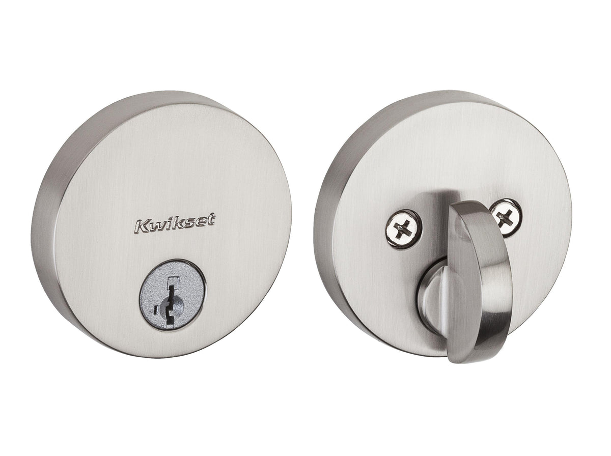 Kwikset 258RDT-15S.STRKP Uptown Round Contemporary Low Profile Single Cylinder SmartKey Deadbolt with 6AL Latch and STRKP Strike Pack which includes Square Corner, Round Corner and 5303 Round Corner Full Lip Strikes KA3 Satin Nickel Finish.
