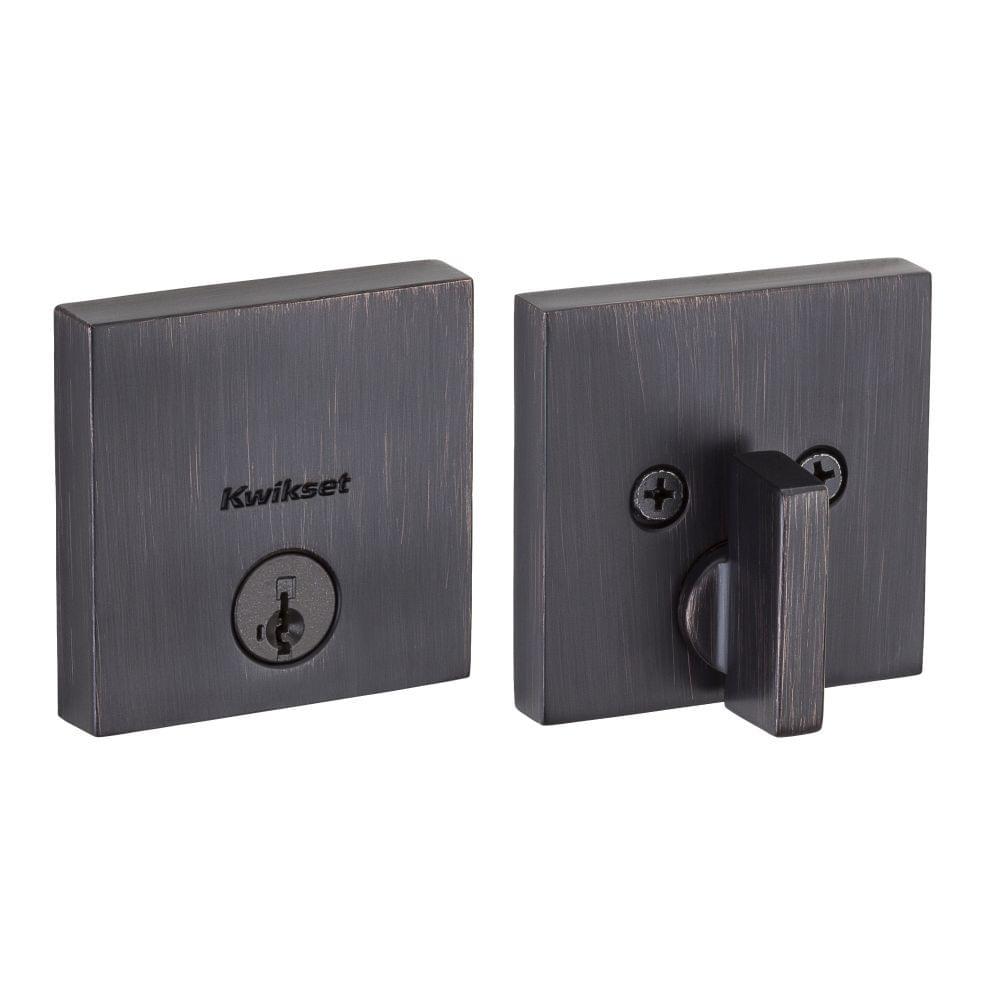 Kwikset 258SQT-11PS.STRKP Downtown Square Contemporary Low Profile Single Cylinder SmartKey Deadbolt with 6AL Latch and STRKP Strike Pack which includes Square Corner, Round Corner and 5303 Round Corner Full Lip Strikes KA3 Venetian Bronze Finish.