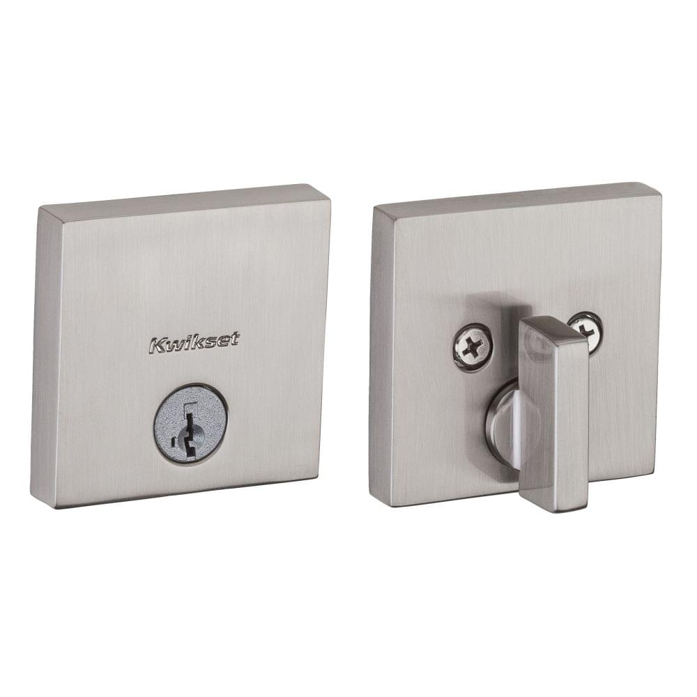 Kwikset 258SQT-15S.STRKP Downtown Square Contemporary Low Profile Single Cylinder SmartKey Deadbolt with 6AL Latch and STRKP Strike Pack which includes Square Corner; Round Corner and 5303 Round Corner Full Lip Strikes KA3 Satin Nickel Finish.