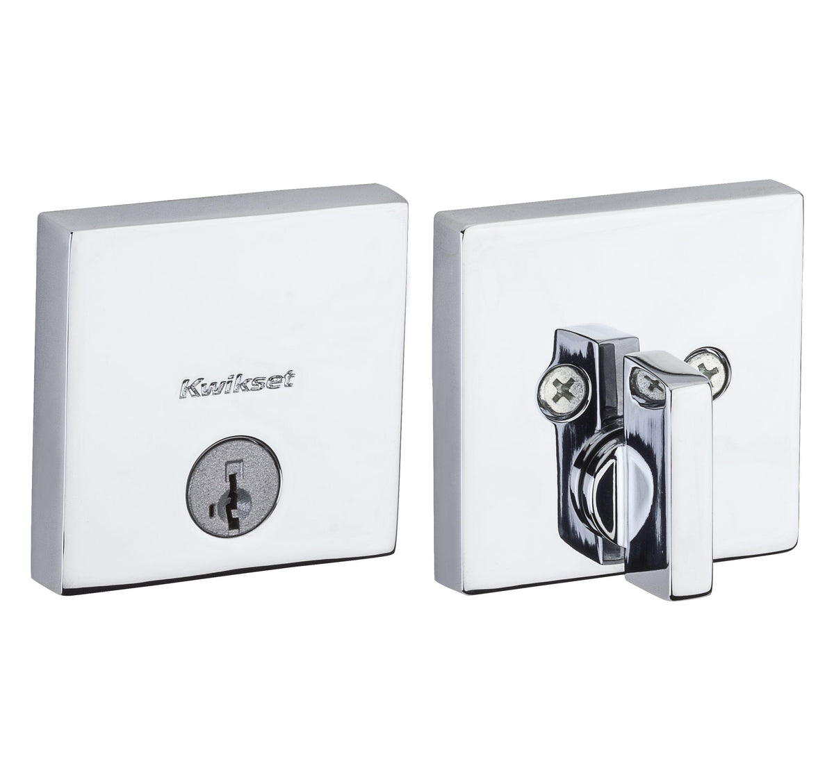 Kwikset 258SQT-26S.STRKP Downtown Square Contemporary Low Profile Single Cylinder SmartKey Deadbolt with 6AL Latch and STRKP Strike Pack which includes Square Corner, Round Corner and 5303 Round Corner Full Lip Strikes KA3 Bright Chrome Finish.