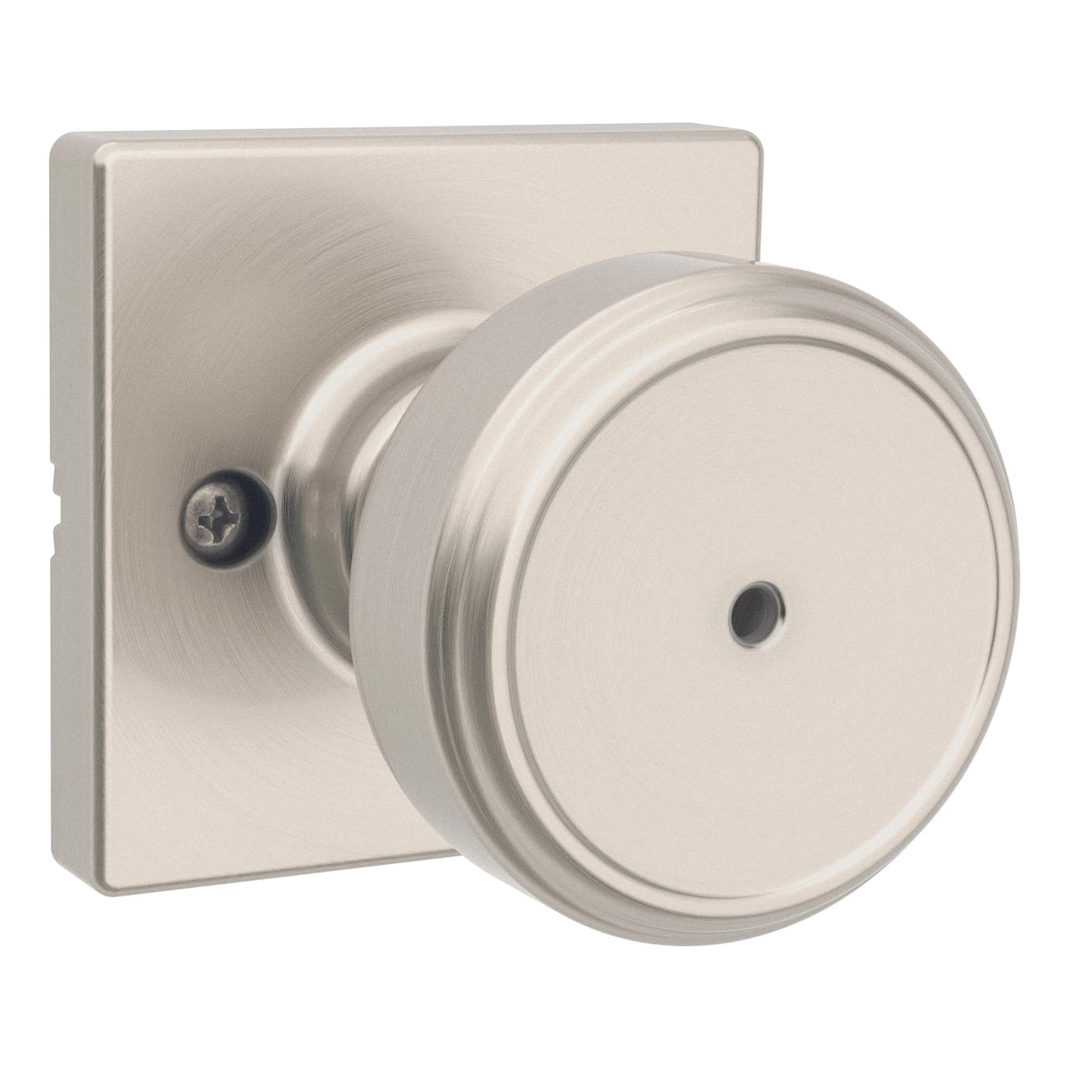 Kwikset 300MNKSQT-15 Maven Knob Square Rose Privacy Door Lock with 6AL Latch and RCS Strike Satin Nickel Finish.