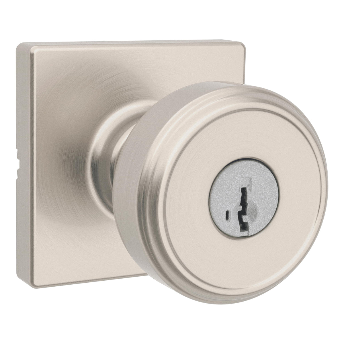 Kwikset 400MNKSQT-15S Maven Knob Square Rose Entry Door Lock SmartKey with 6AL Latch and RCS Strike Satin Nickel Finish.