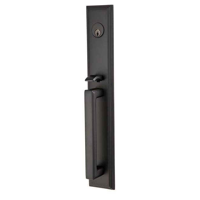 Emtek 4212HLOUS19RH Helios Lever Right Hand 2-3/8" and 2-3/4" Backset Single Cylinder Melrose Tubular Handleset Flat Black Finish.