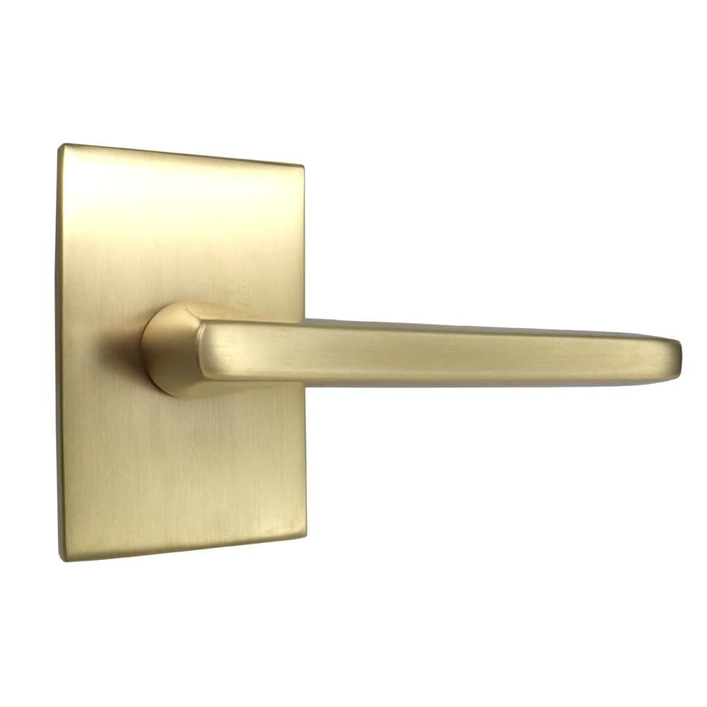 Emtek 5112HLOUS4RH.RLS Helios Lever Right Hand 2-3/8" Backset with Radius Latch Strike Passage with Modern Rectangular Rose for 1-1/4" to 2" Door Satin Brass Finish.