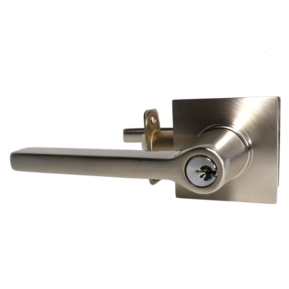 Emtek 5122HLOUS15LH.RLS Helios Lever Left Hand 2-3/8" and 2-3/4" Backset with Radius Latch Strike Keyed Entry with Square Rose for 1-3/8" to 2-1/16" Door Satin Nickel Finish.
