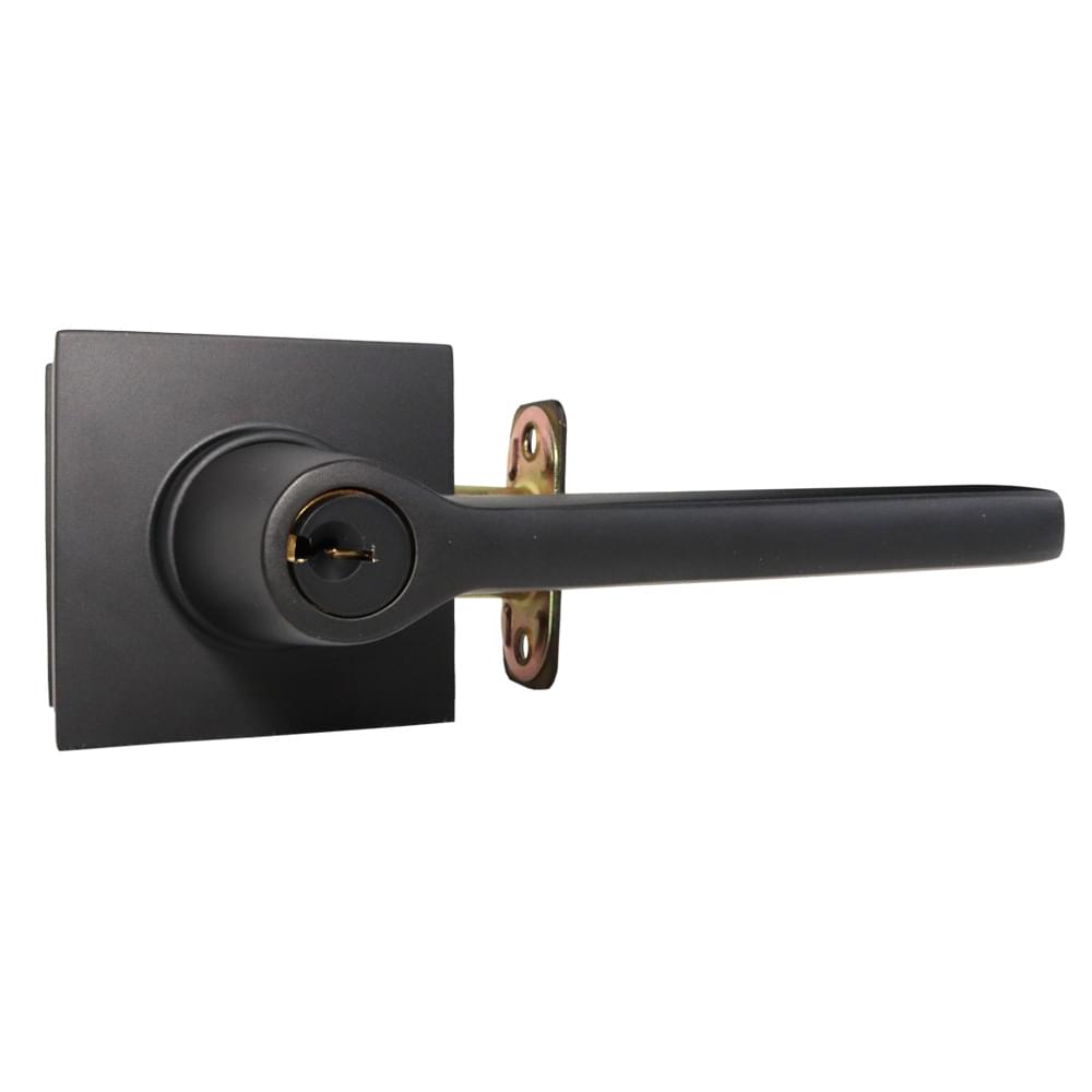 Emtek 5122HLOUS19RH.RLS Helios Lever Right Hand 2-3/8" and 2-3/4" Backset with Radius Latch Strike Keyed Entry with Square Rose for 1-3/8" to 2-1/16" Door Flat Black Finish.