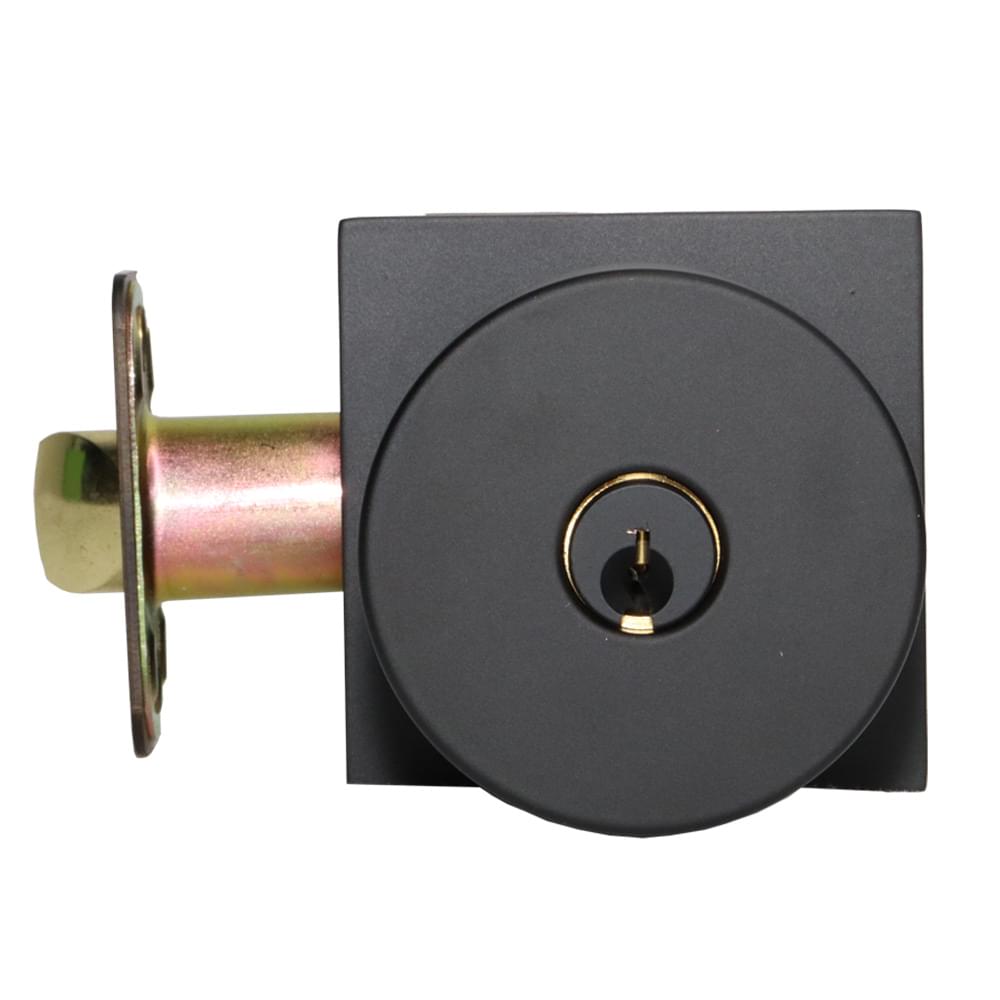Emtek 5122ROUUS19.RLS Round Knob 2-3/8" and 2-3/4" Backset with Radius Latch Strike Keyed Entry with Square Rose for 1-3/8" to 2-1/16" Door Flat Black Finish.