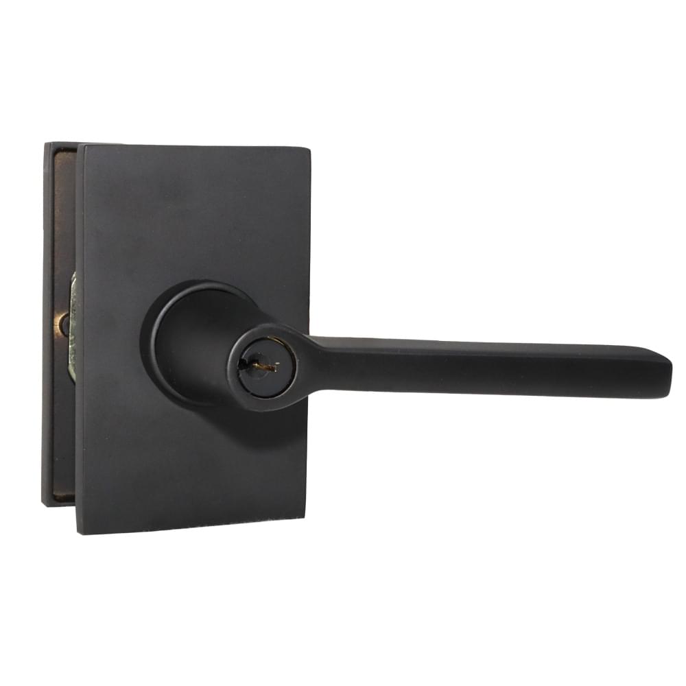 Emtek 5123HLOUS19RH.RLS Helios Lever Right Hand 2-3/8" and 2-3/4" Backset with Radius Latch Strike Keyed Entry with Modern Rectangular Rose for 1-3/8" to 2-1/16" Door Flat Black Finish.