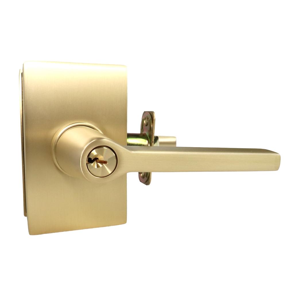 Emtek 5123HLOUS4RH.RLS Helios Lever Right Hand 2-3/8" and 2-3/4" Backset with Radius Latch Strike Keyed Entry with Modern Rectangular Rose for 1-3/8" to 2-1/16" Door Satin Brass Finish.