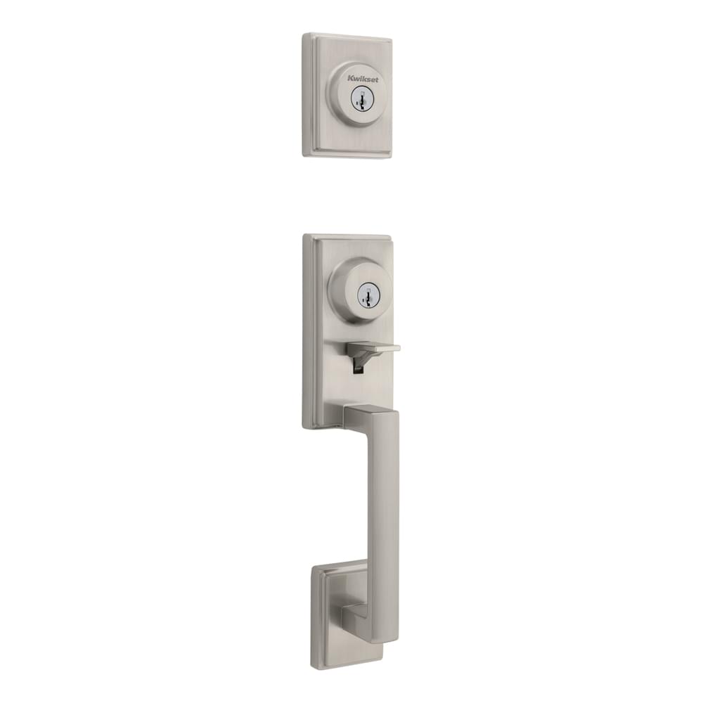 Kwikset CP553PRHXHFLSQT-15S Clear Pack Peralta Single Cylinder 2 Point Handleset with Halifax Lever and Square Rose Interior Trim SmartKey with 4AL Latch and RCS Strike Satin Nickel Finish.
