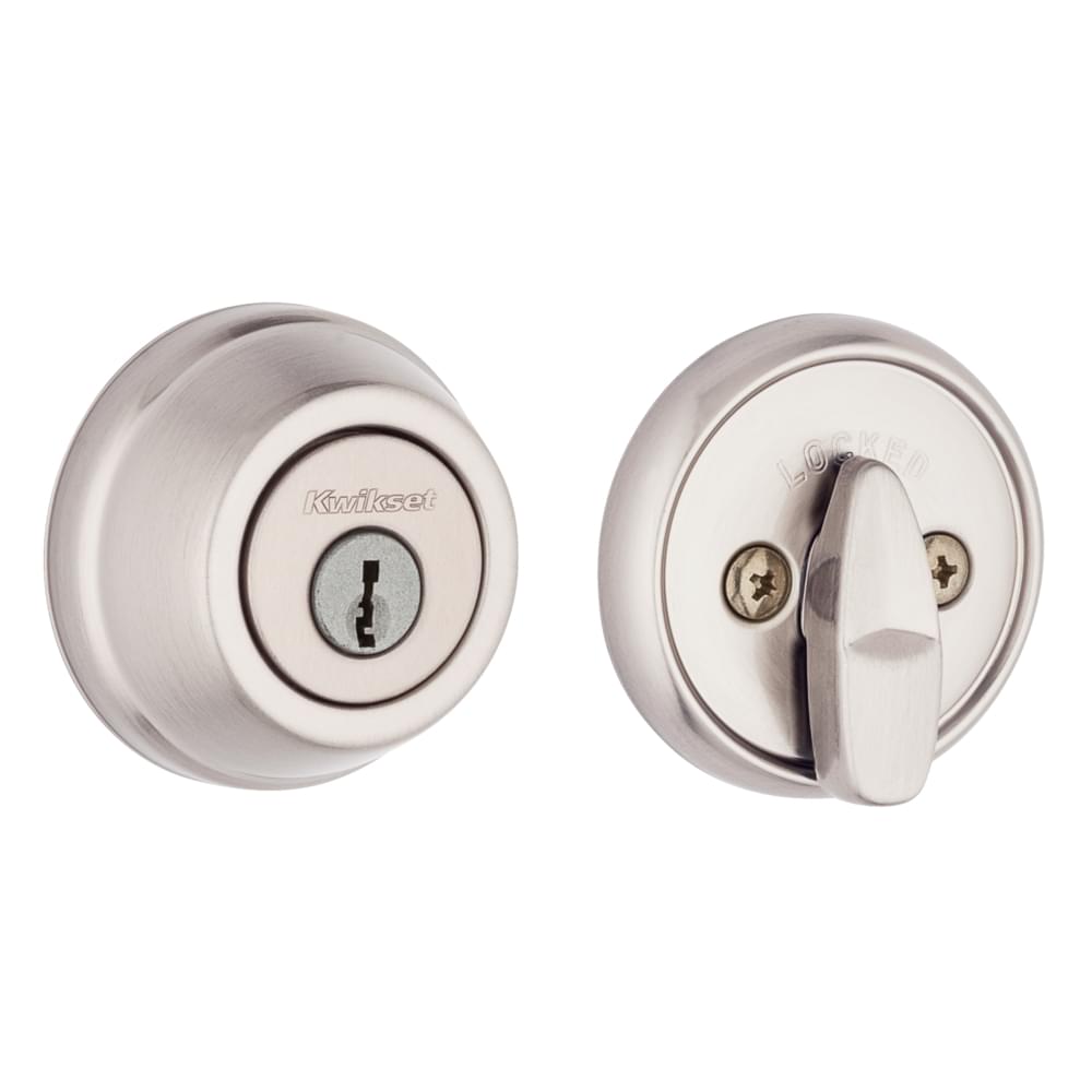Kwikset 780-15.STRKP Single Cylinder Deadbolt with 6AL Latch and STRKP Strike Pack which includes Square Corner, Round Corner and 5303 Round Corner Full Lip Strikes Satin Nickel Finish.