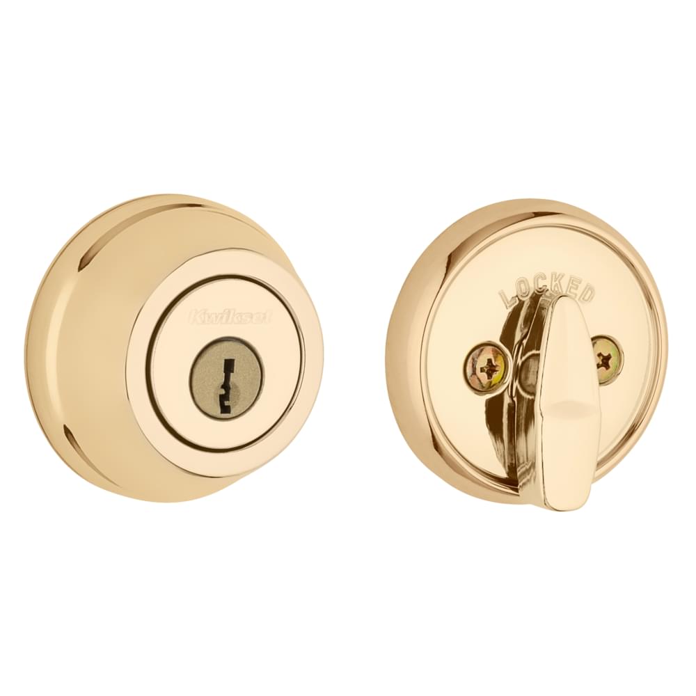Kwikset 780-3.STRKP Single Cylinder Deadbolt with 6AL Latch and STRKP Strike Pack which includes Square Corner, Round Corner and 5303 Round Corner Full Lip Strikes Bright Brass Finish.