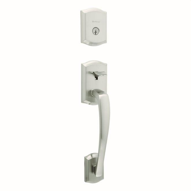 Kwikset 818PTHLIP-15S.STRKP Single Cylinder Prescott Exterior Handleset with SmartKey with 6AL Latch and STRKP Strike Pack which includes Square Corner; Round Corner and 5303 Round Corner Full Lip Strikes Satin Nickel Finish.