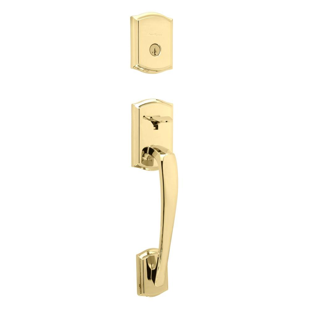 Kwikset 818PTHLIP-L03S.STRKP Single Cylinder Prescott Exterior Handleset with SmartKey with 6AL Latch and STRKP Strike Pack which includes Square Corner; Round Corner and 5303 Round Corner Full Lip Strikes Lifetime Brass Finish.