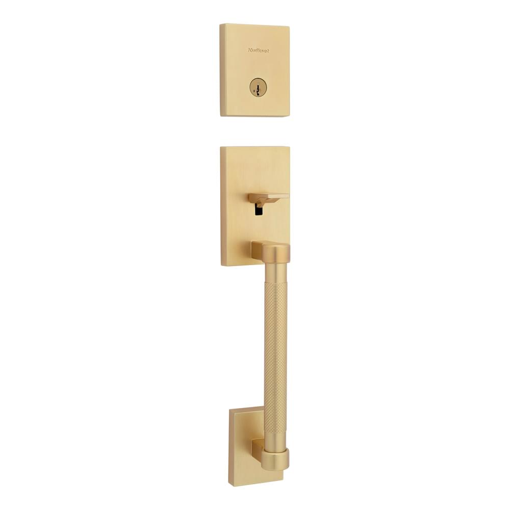 Kwikset 818PVHLIP-4S.STRKP Single Cylinder Prava Exterior Handleset with SmartKey with 6AL Latch and STRKP Strike Pack which includes Square Corner; Round Corner and 5303 Round Corner Full Lip Strikes Satin Brass Finish.