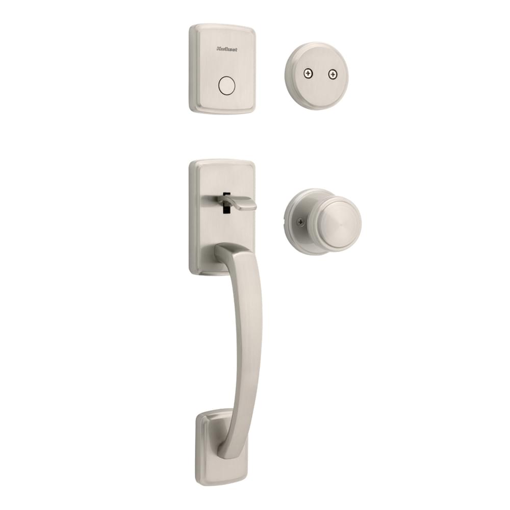 Kwikset 819BFHXSOK-15 Dummy Brentford Exterior Handleset with Sora Knob Interior Trim Satin Nickel Finish.