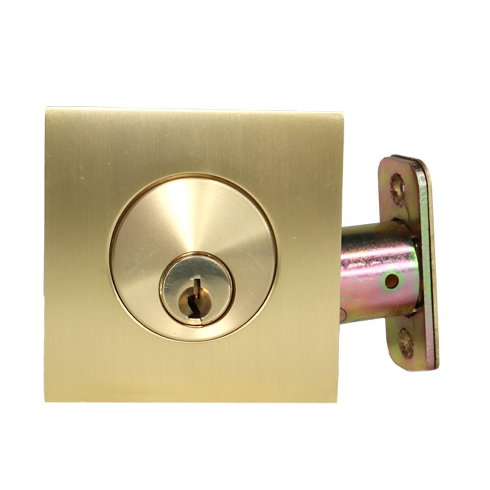 Emtek 8469US4.RLS Square Single Cylinder Deadbolt with 2-3/8" and 2-3/4" Backset for 1-3/4" Door with Radius Latch Strike Satin Brass Finish.