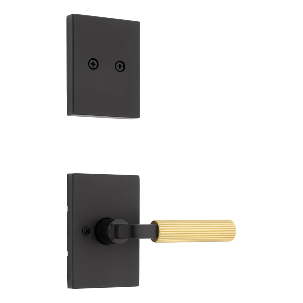 Kwikset 973MALRCT-514X4 Dummy Interior Mirada Reeded Pattern Lever with Satin Brass Grip with Contemporary Rectangular Rose Trim Matte Black Finish.