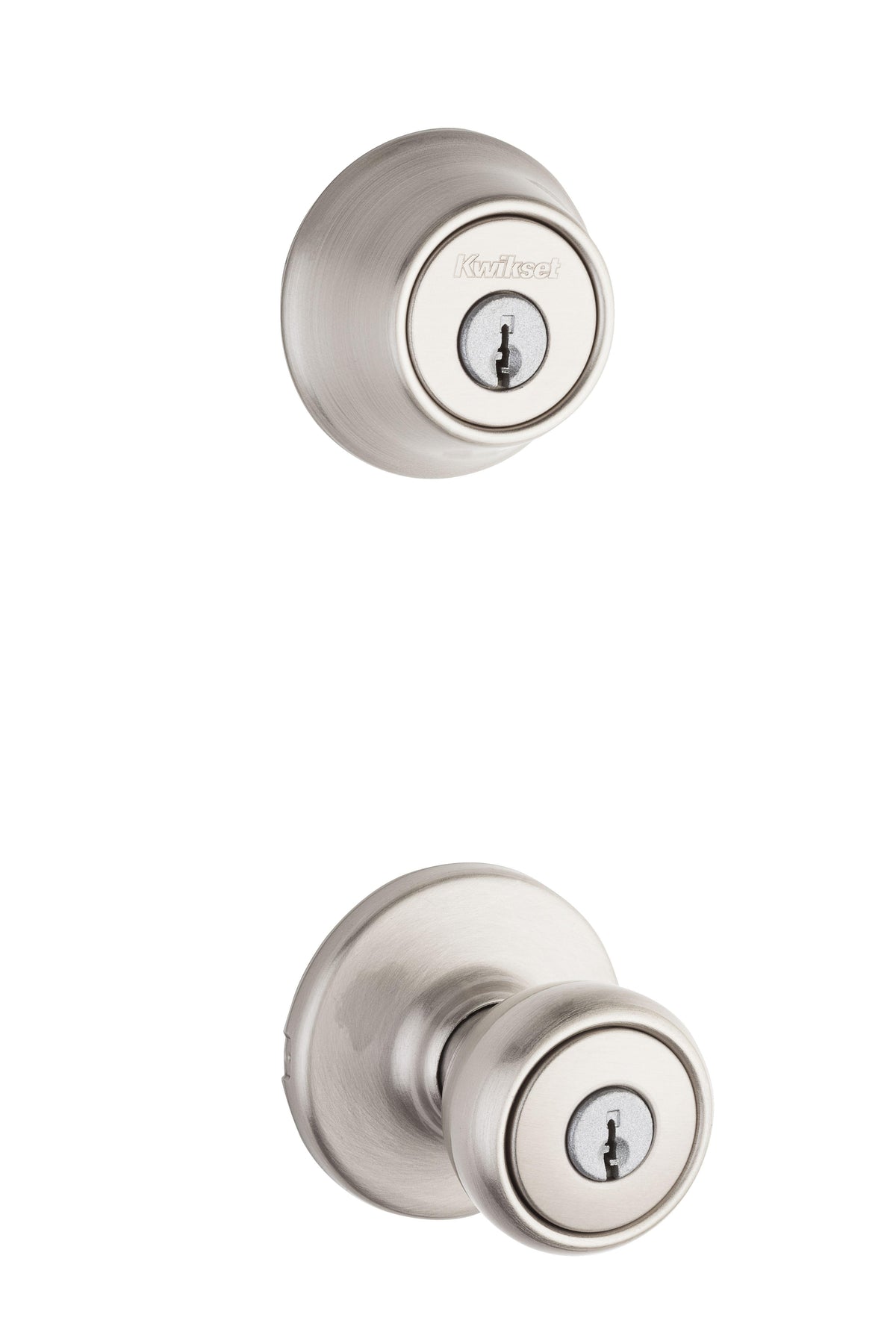 Kwikset CP690T-15 Clear Pack Combo Tylo Knob Entry with Single Cylinder Deadbolt with RCAL Latch and RCS Strike K6 Satin Nickel Finish.