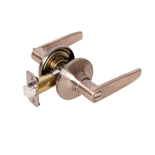 Pamex FLG601 Olympic Lever with Round Rose Privacy Lockset Grade 3 Satin Nickel Finish.