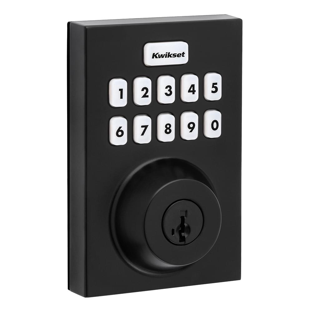 Kwikset HC620CNTZW700LR-514S Contemporary Home Connect Keypad Connected Smart Lock Deadbolt with Z-Wave 700 Long Range and SmartKey with RCALFD Latch and RCS Strike Matte Black Finish.