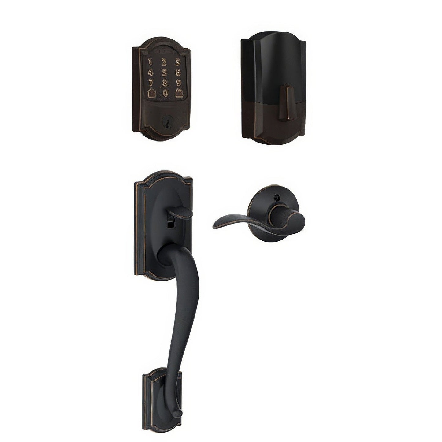 Schlage FE489WBCCAM-ACC Camelot Encode Smart Wifi Touchscreen Deadbolt with Lower Camelot Handleset and Accent Lever Trim.