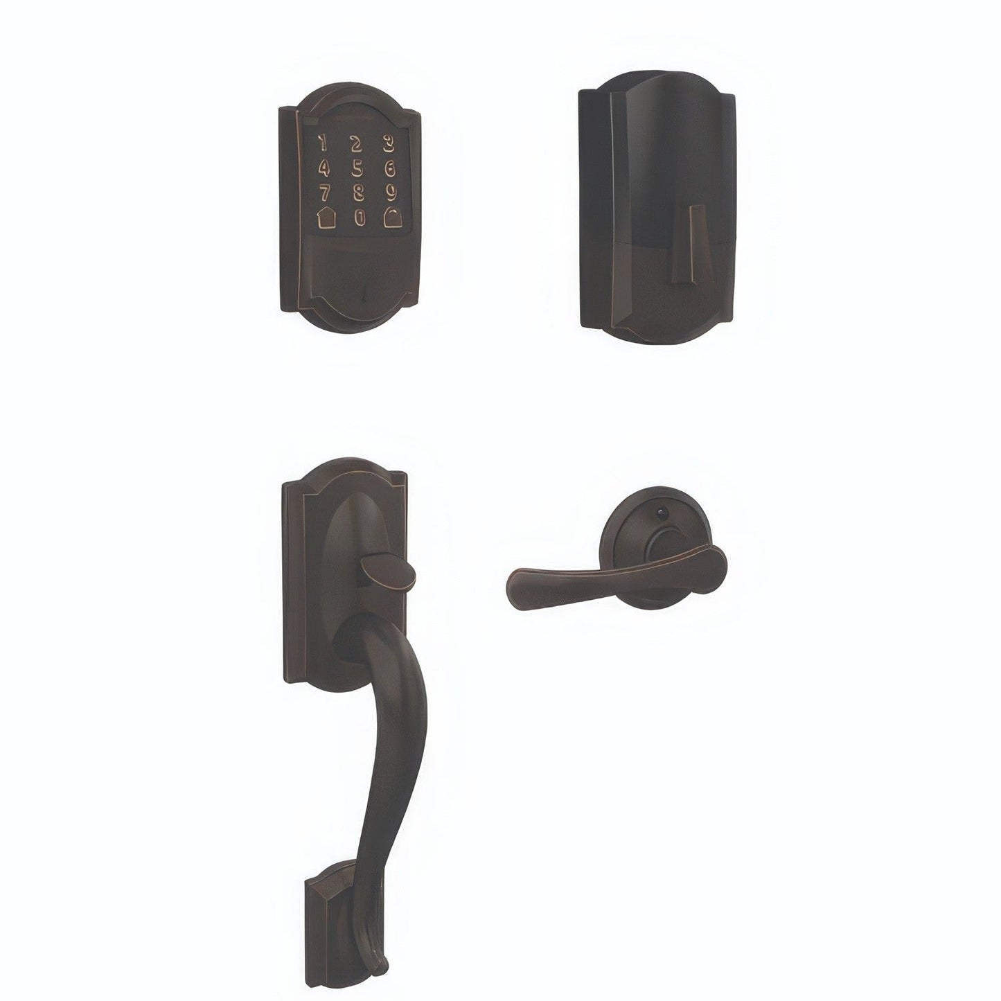 Schlage FE489WBCCAM-VLA Camelot Encode Smart Wifi Touchscreen Deadbolt with Lower Camelot Handleset and Avila Lever Trim.