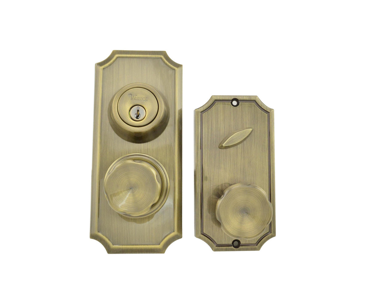 Weslock 01501EAEASL2D Unigard Premiere Interconnected Entry with Eleganti Knob with 2-3/8" Latch and Round Corner Strikes Antique Brass Finish.