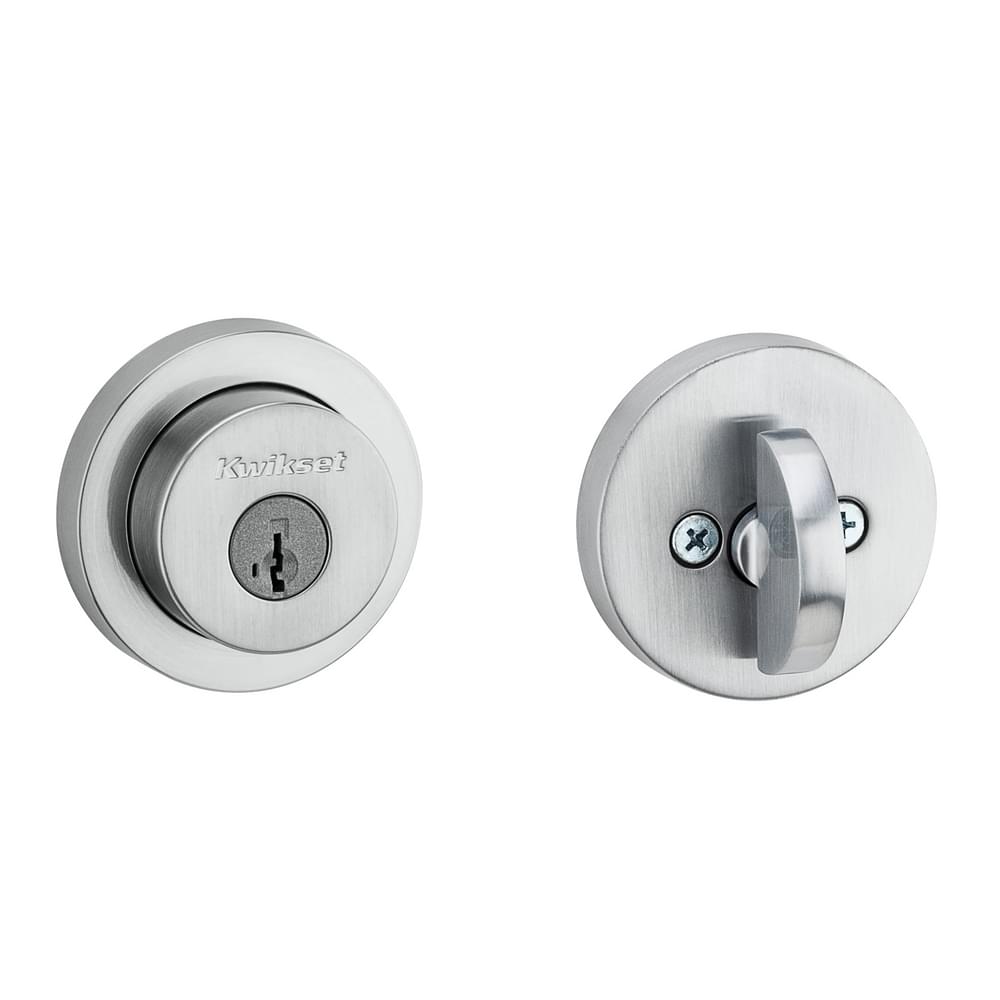 Kwikset 158RDT-26DS.STRKP Milan Round Rose Single Cylinder Deadbolt SmartKey with 6AL Latch and STRKP Strike Pack which includes Square Corner, Round Corner and 5303 Round Corner Full Lip Strikes KA3 Satin Chrome Finish.
