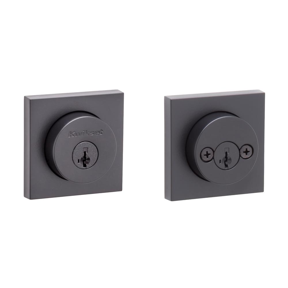 Kwikset 159SQT-514S.STRKP Halifax Square Rose Double Cylinder Deadbolt SmartKey with 6AL Latch and STRKP Strike Pack which includes Square Corner, Round Corner and 5303 Round Corner Full Lip Strikes KA3 Matte Black Finish.