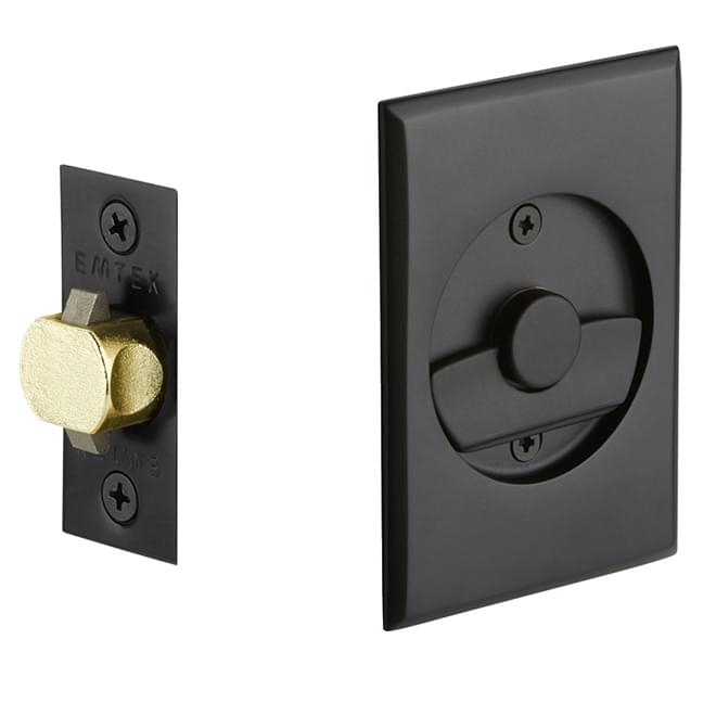 Emtek 2015US19 Rectangular Privacy Pocket Door Tubular Lock with Privacy Strike Plate and Dust Box for 1-3/8" to 1-3/4" Door Flat Black Finish.