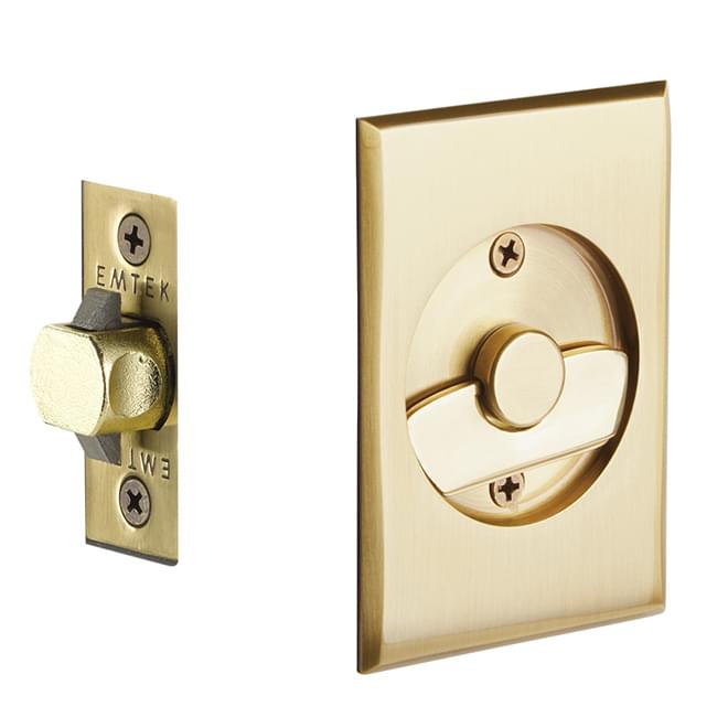 Emtek 2015US7 Rectangular Privacy Pocket Door Tubular Lock with Privacy Strike Plate and Dust Box for 1-3/8" to 1-3/4" Door French Antique Brass Finish.