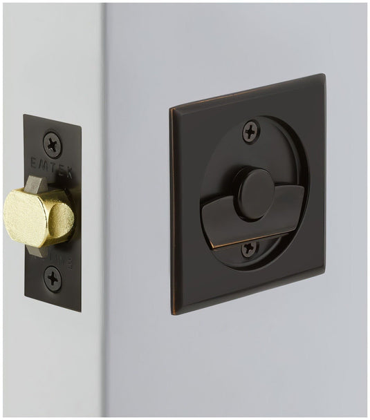 Emtek 2135US Square Privacy Pocket Door Tubular Lock with Privacy Strike Plate and Dust Box.