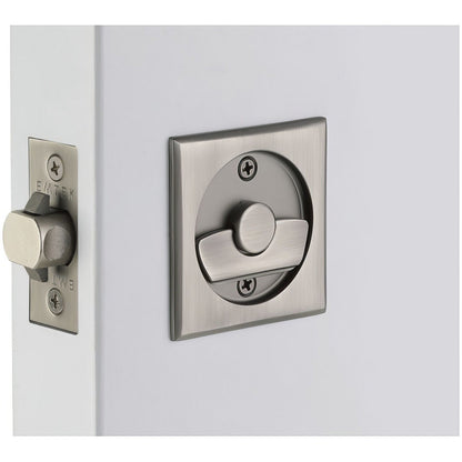 Emtek 2135US Square Privacy Pocket Door Tubular Lock with Privacy Strike Plate and Dust Box.