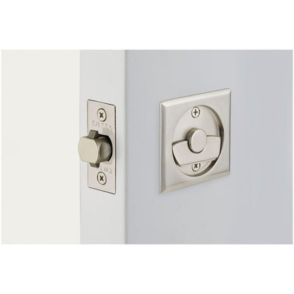 Emtek 2135US Square Privacy Pocket Door Tubular Lock with Privacy Strike Plate and Dust Box.