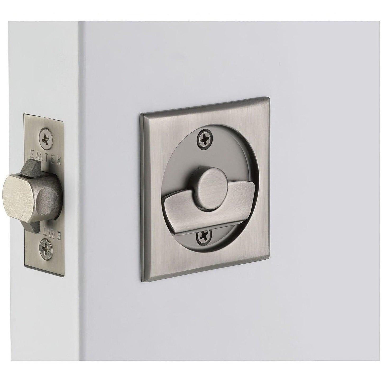 Emtek 2135US Square Privacy Pocket Door Tubular Lock with Privacy Strike Plate and Dust Box.