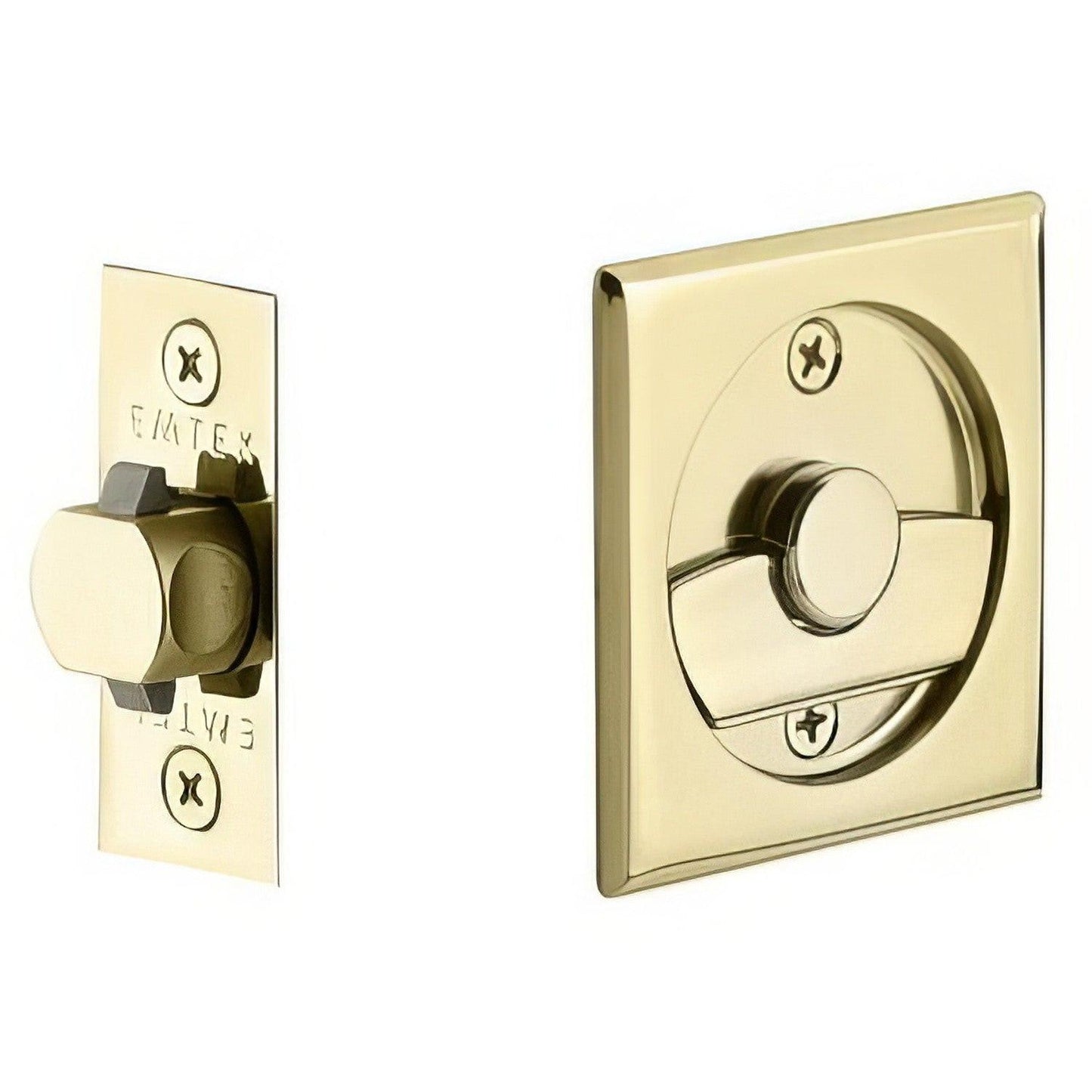Emtek 2135US Square Privacy Pocket Door Tubular Lock with Privacy Strike Plate and Dust Box.
