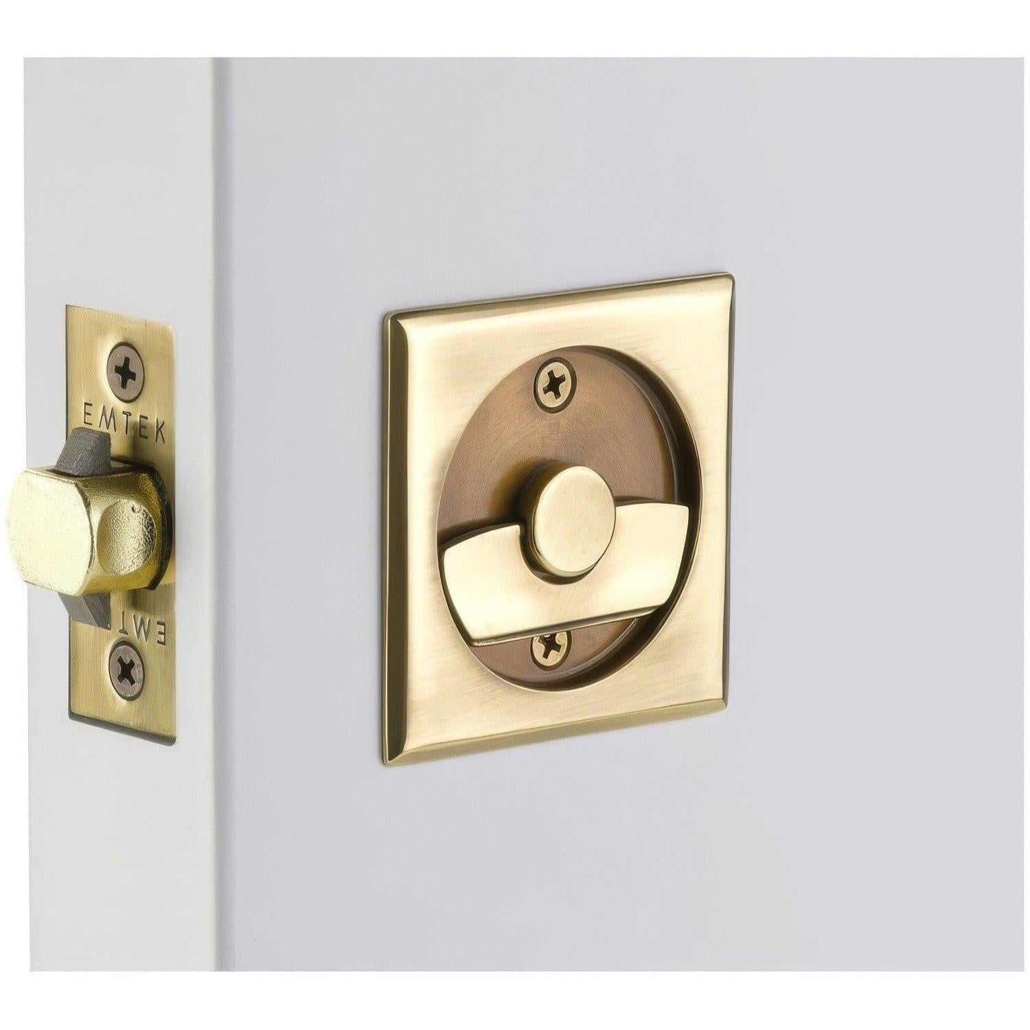 Emtek 2135US Square Privacy Pocket Door Tubular Lock with Privacy Strike Plate and Dust Box.
