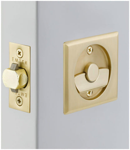 Emtek 2135US Square Privacy Pocket Door Tubular Lock with Privacy Strike Plate and Dust Box.