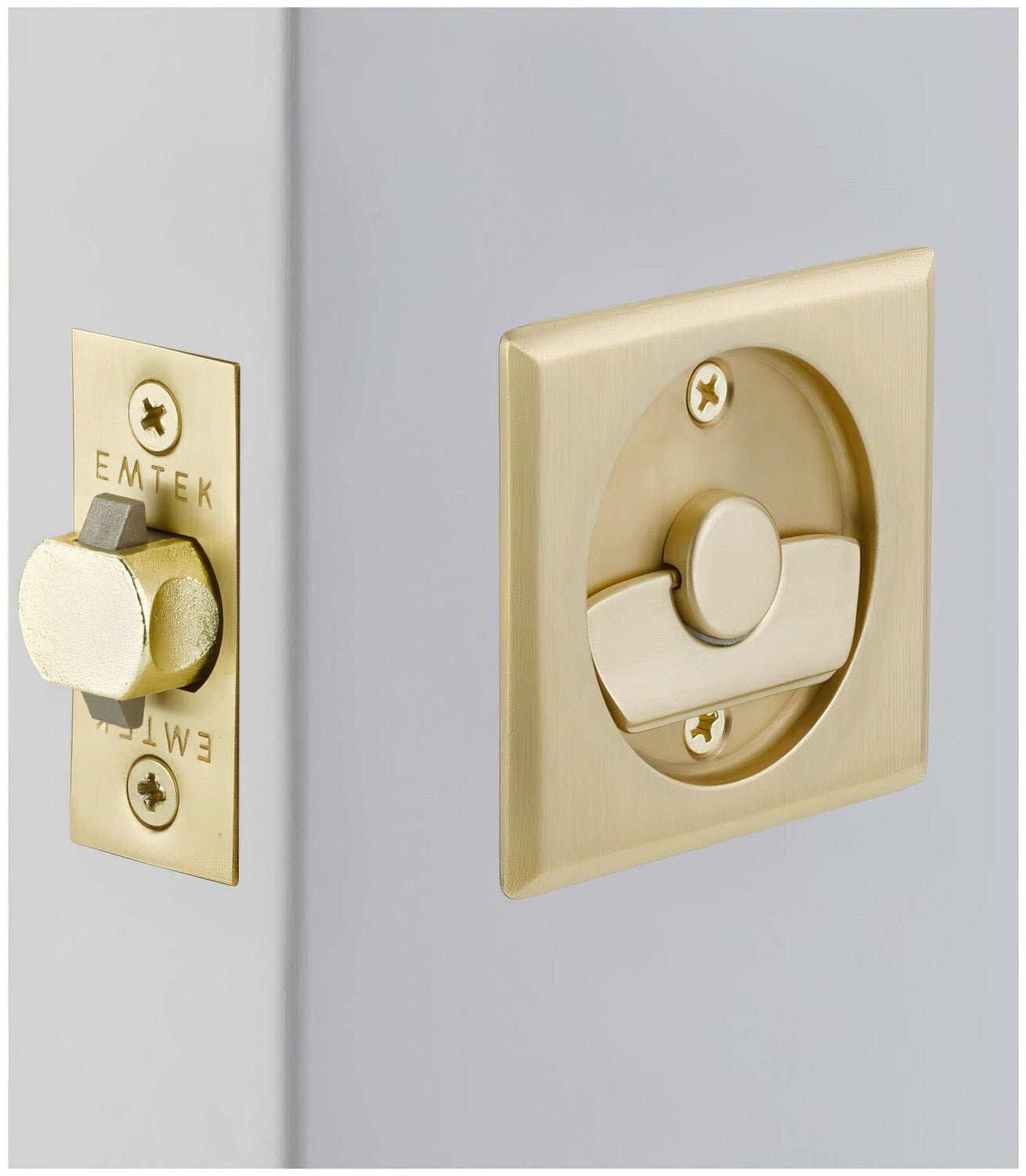 Emtek 2135US Square Privacy Pocket Door Tubular Lock with Privacy Strike Plate and Dust Box.