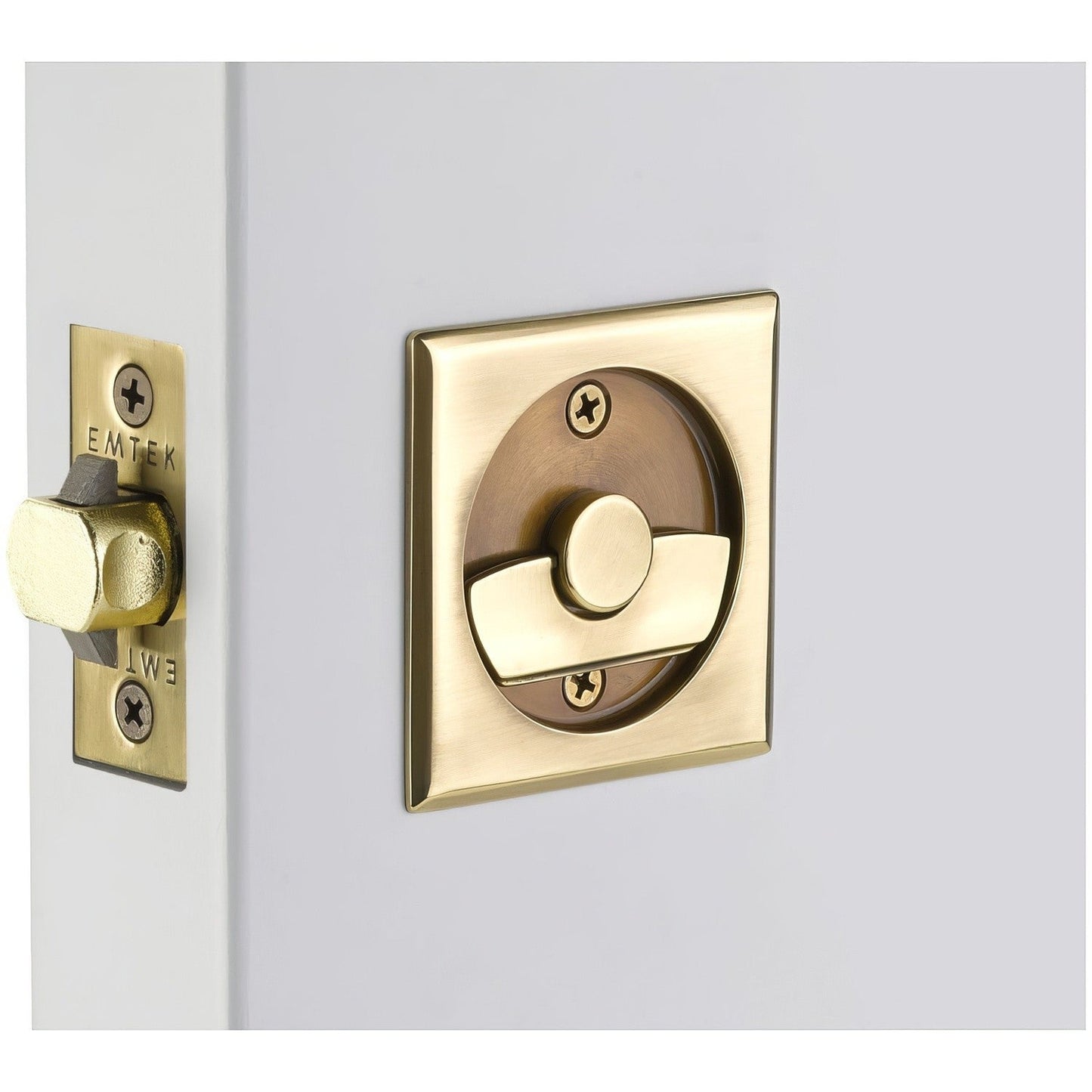 Emtek 2135US Square Privacy Pocket Door Tubular Lock with Privacy Strike Plate and Dust Box.
