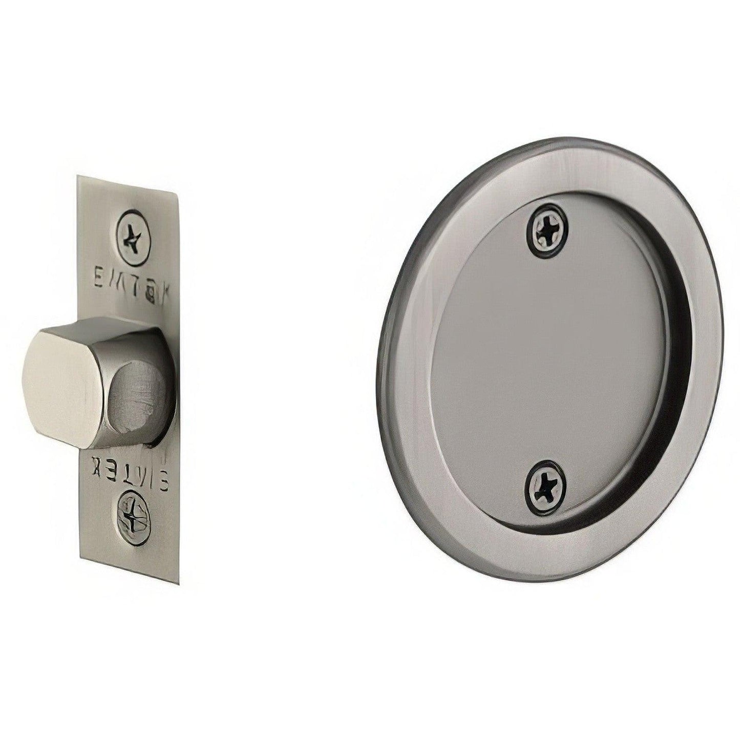 Emtek 2144US Round Passage Pocket Door Tubular Lock with Passage Strike Plate.