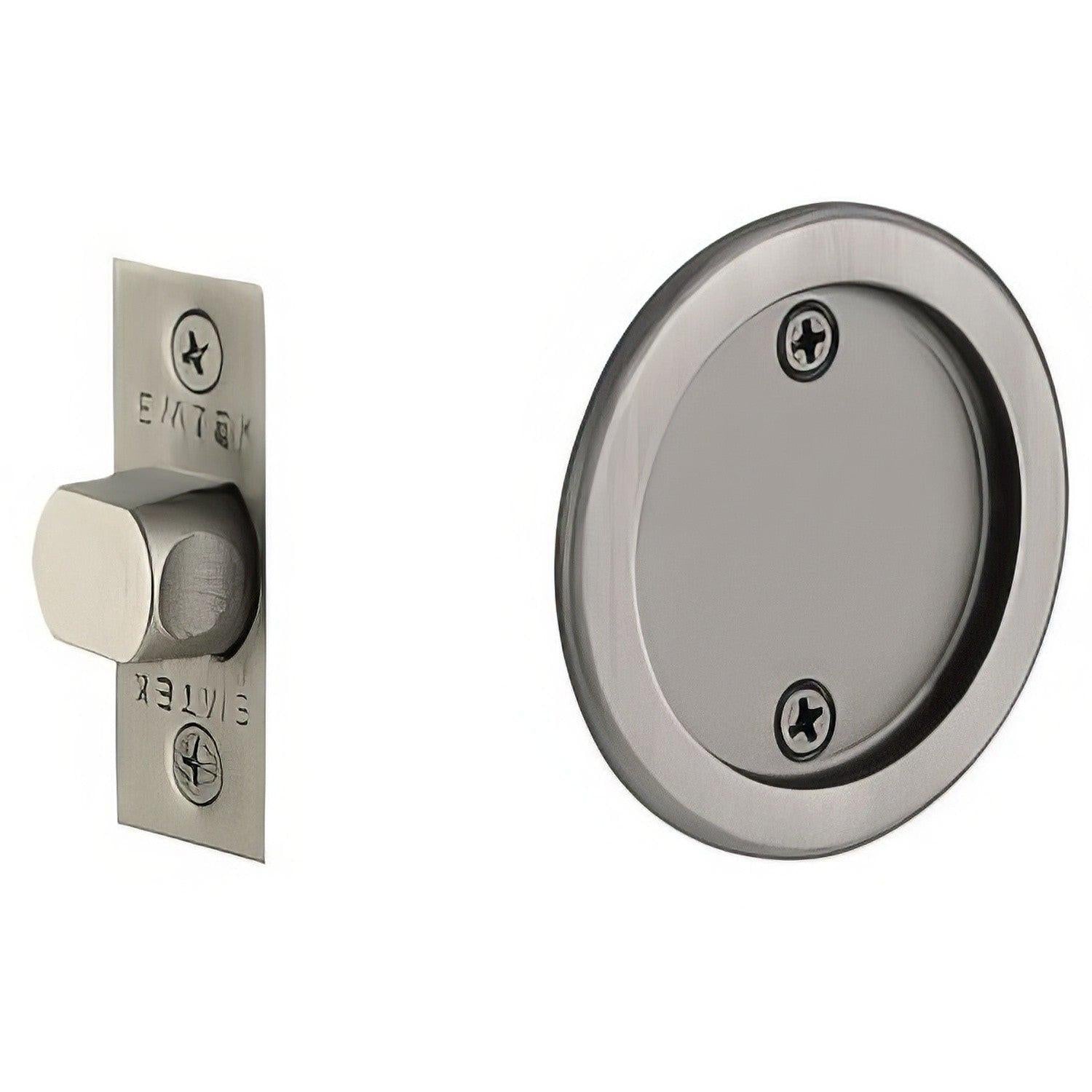 Emtek 2144US Round Passage Pocket Door Tubular Lock with Passage Strike Plate.