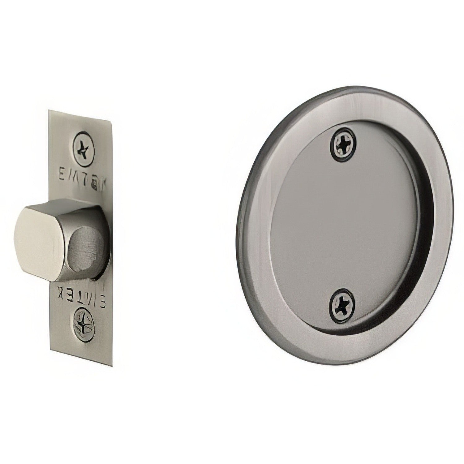 Emtek 2144US Round Passage Pocket Door Tubular Lock with Passage Strike Plate.