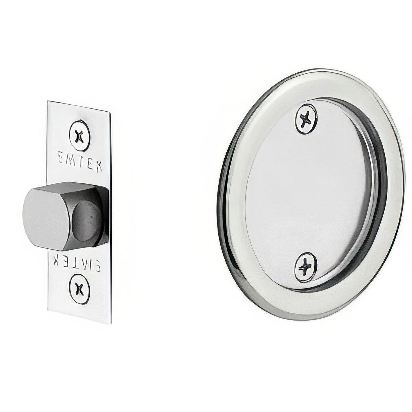 Emtek 2144US Round Passage Pocket Door Tubular Lock with Passage Strike Plate.