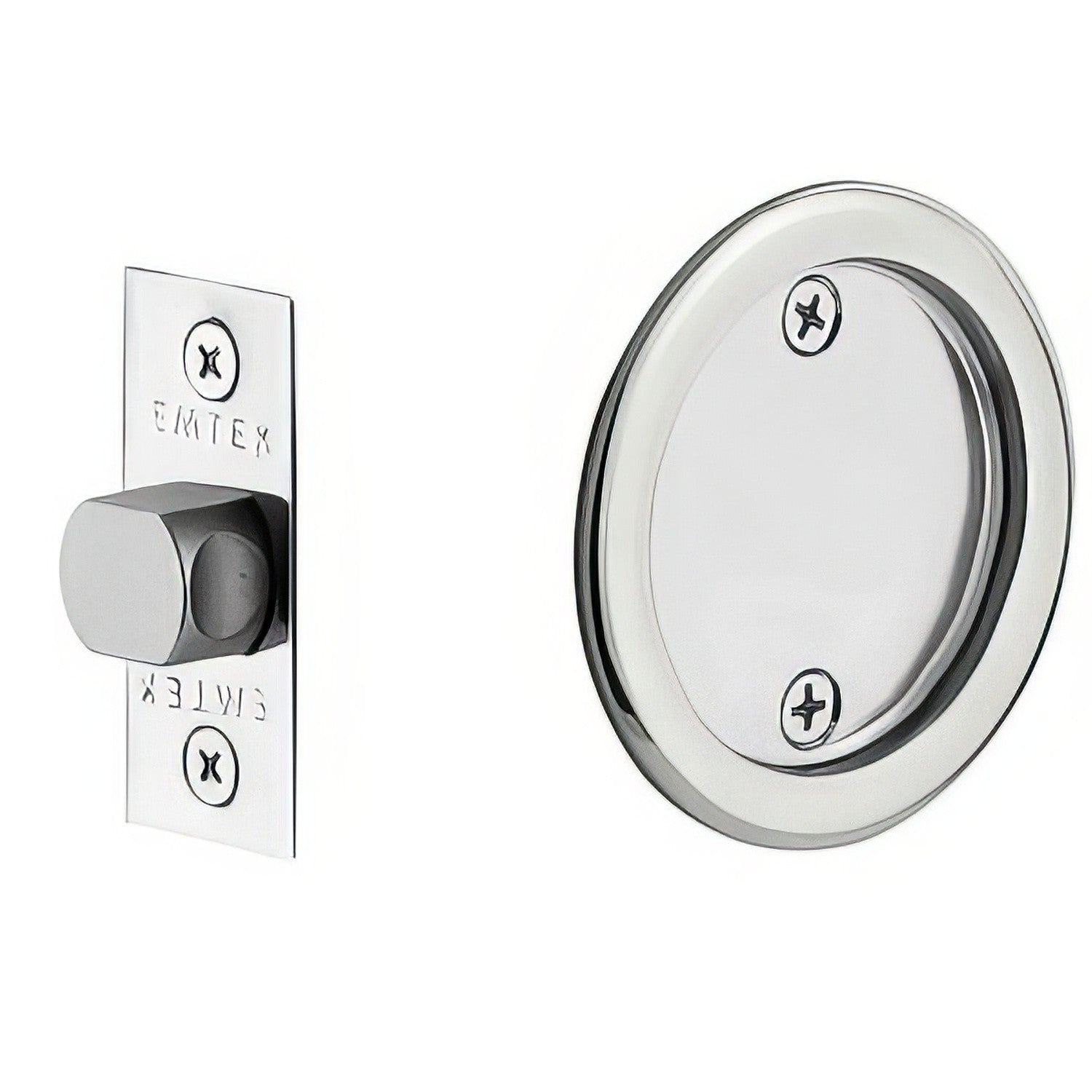Emtek 2144US Round Passage Pocket Door Tubular Lock with Passage Strike Plate.
